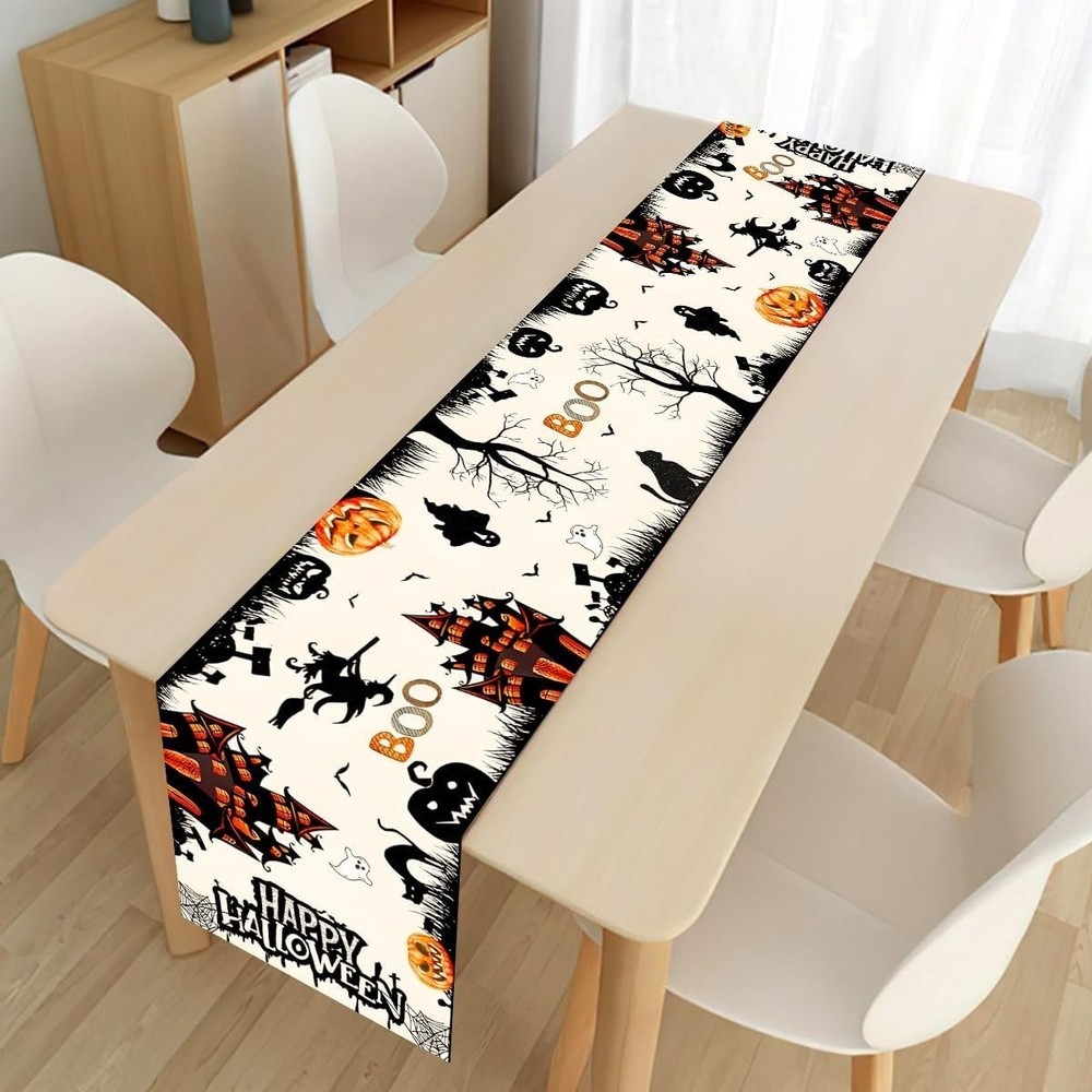 Halloween Haunted House Table Runner 13x72" Burlap Dining Table Décor with Ghost