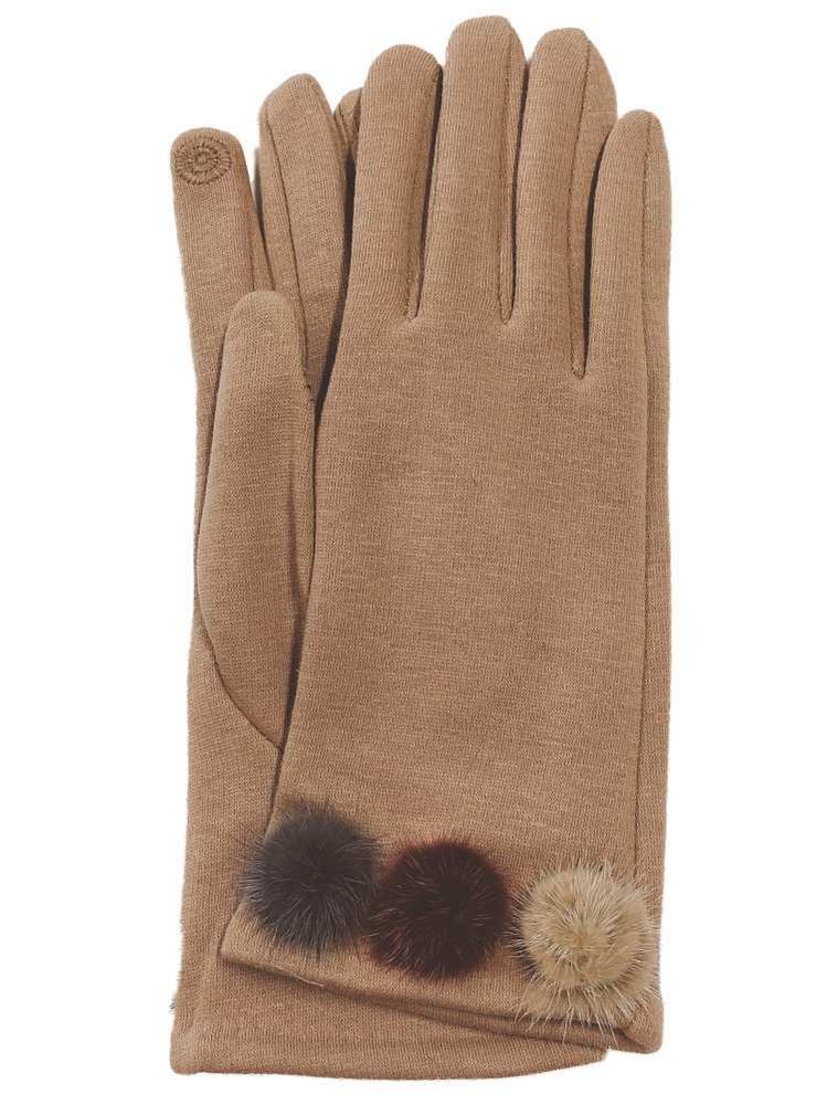 Womens Brown Pom Pom Stretch Fit Texting & Tech Touchscreen Gloves
