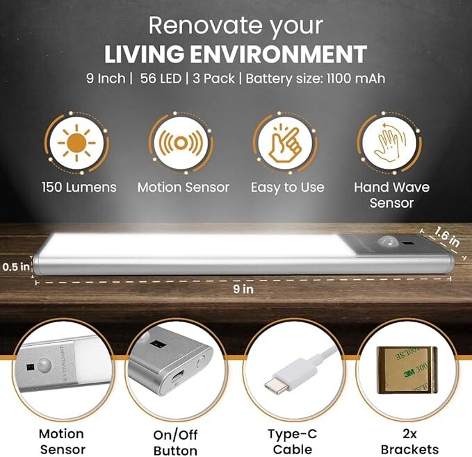 VYANLIGHT Wireless LED Cabinet Light - Motion Sensor, Hand Wave, Rechargeable