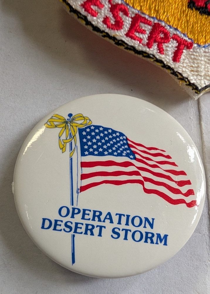 Operation Desert Storm pinback button, yellow ribbon pin, and patch