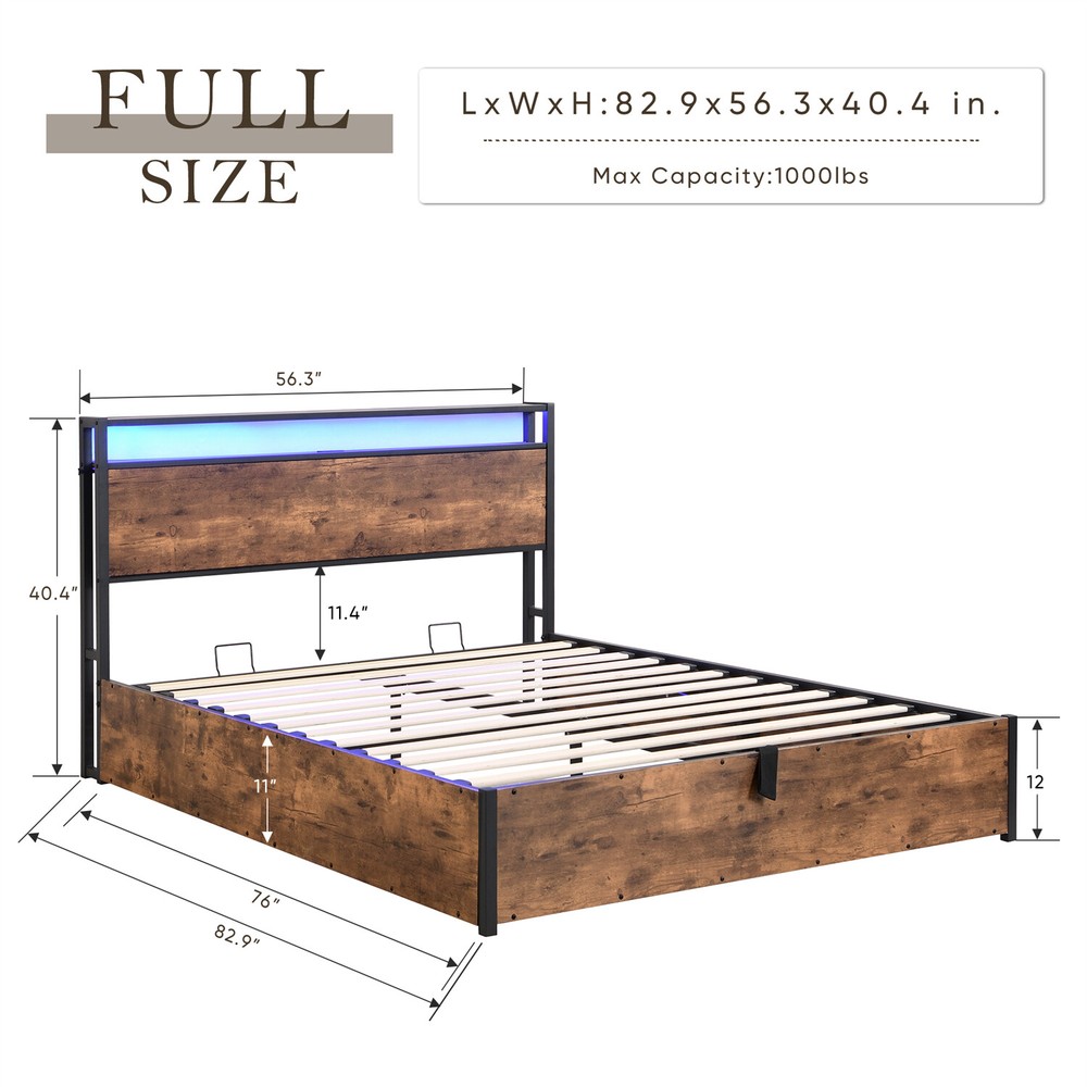 Full/Queen Size Bed Frame Wood Platform Bed Frame with Storage & LED Lights