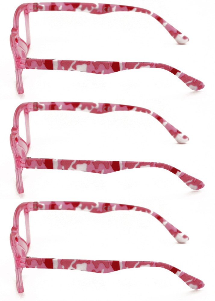 3 Pairs Women Pink Camouflage Rectangular Reading Glasses - Clear Lens Reader