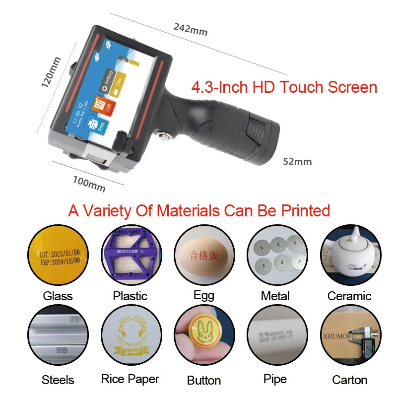 Handheld inkjet printer prints expiration date, batch number, digital brand logo