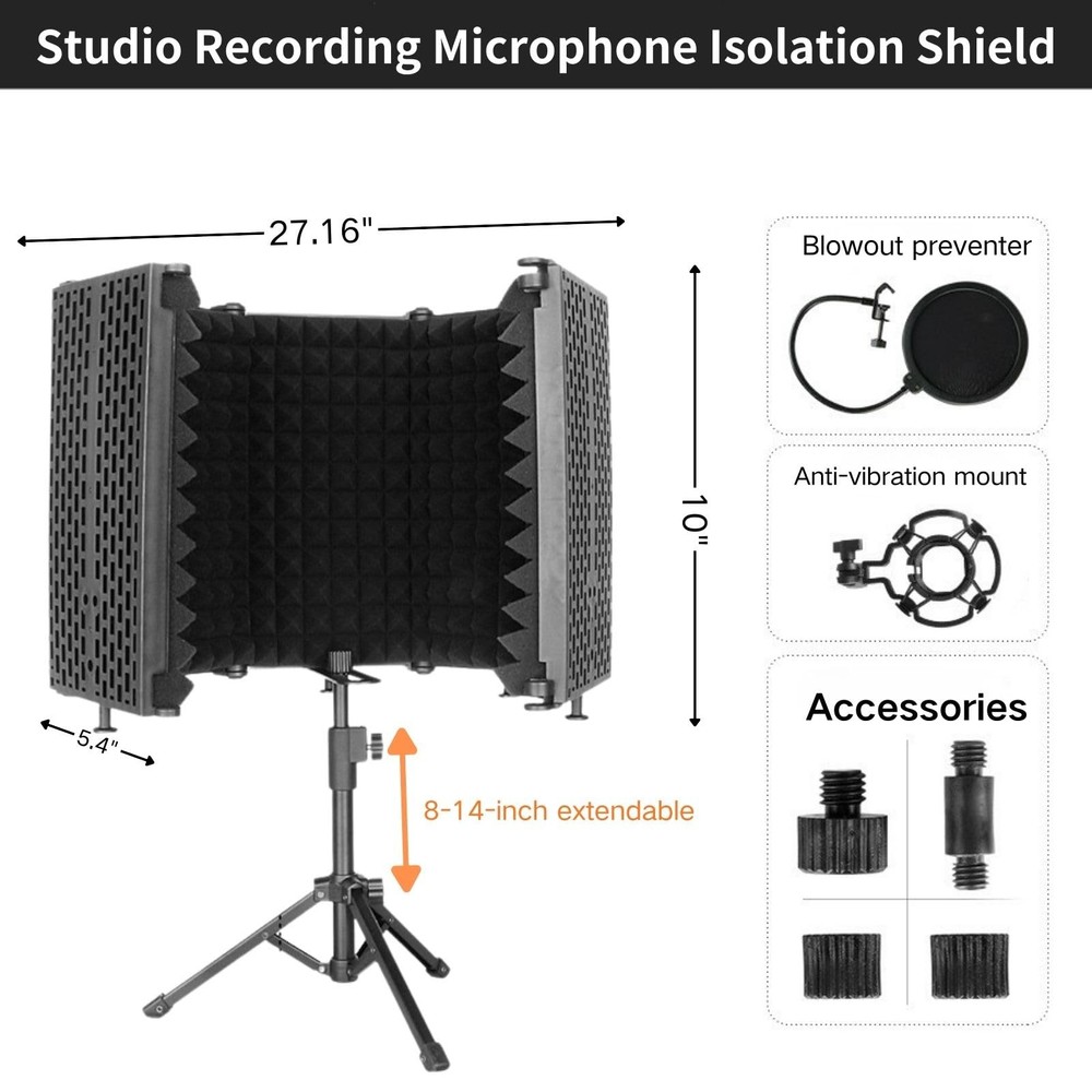 Microphone Isolation Shield, 5 Panel Sound Shield with Pop Filter and Tripod ...