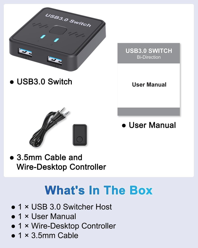 USB Switch, USB-A Selector, Bi-Directional USB Switcher 1 in 2 Out / 2 in 1 O...