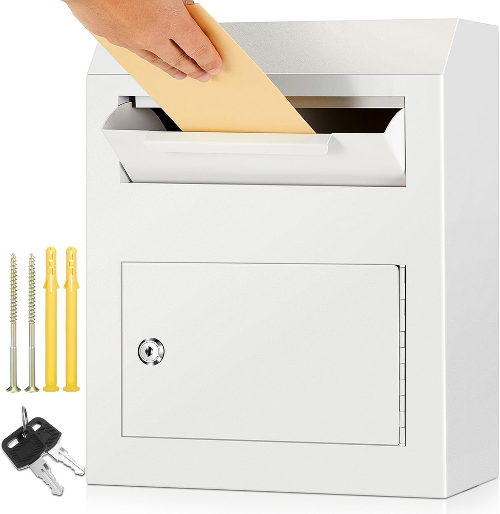 Heavy-Duty Wall-Mounted Locking Drop Box for Mail, Keys & Payments - White