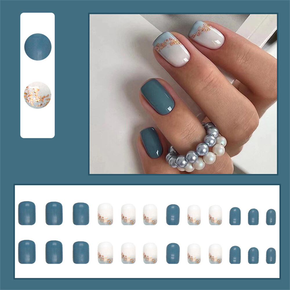 Gradient False Nail Short Square Press on Nails for Finger Nails Art 24pcs