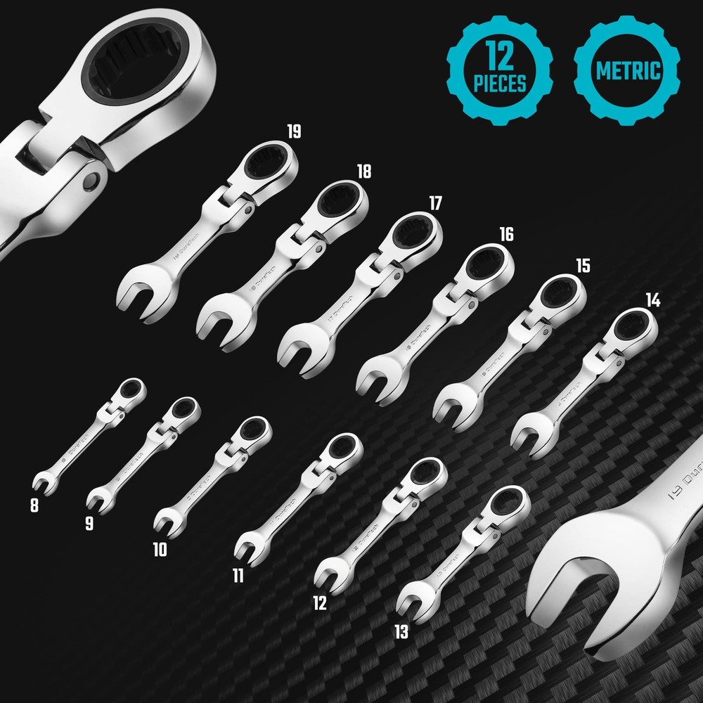 DURATECH Stubby Flex-head Ratcheting Combination Wrench Set, Metric, Silver