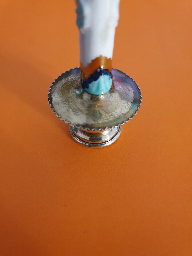 ANTIQUE STERLING SILVER HALLMARKED CANDLESTICK WITH PORCELAIN.