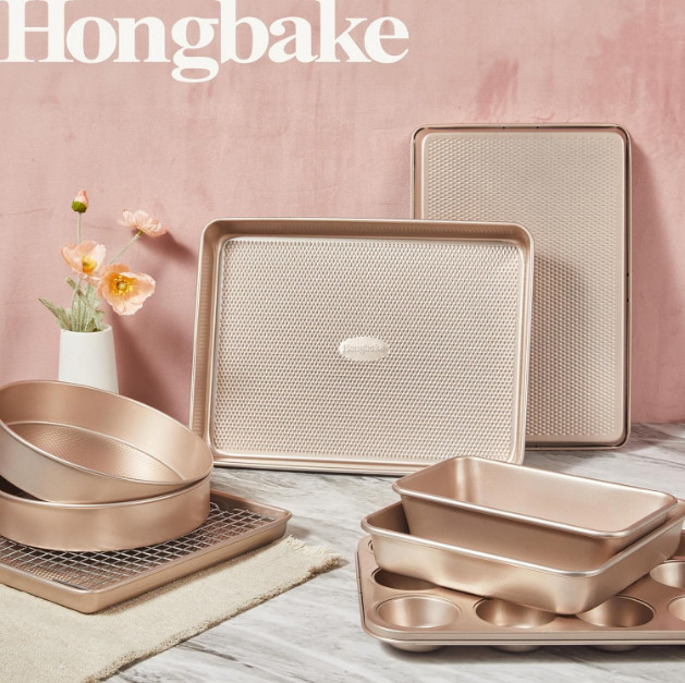 New 9-Piece Nonstick Bakeware Set – Stackable Gold Baking Pans with Rack