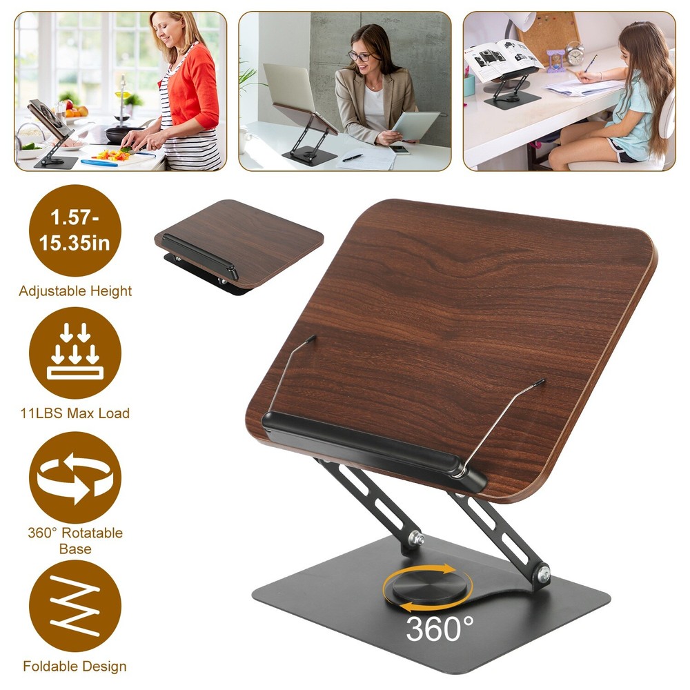 Foldable Book Stand Adjustable Height Book Holder Paper Clips with Rotating Base