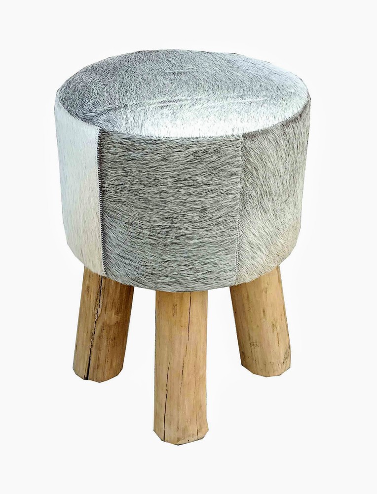 JONI Stool and Pouf in Grey Cowhide