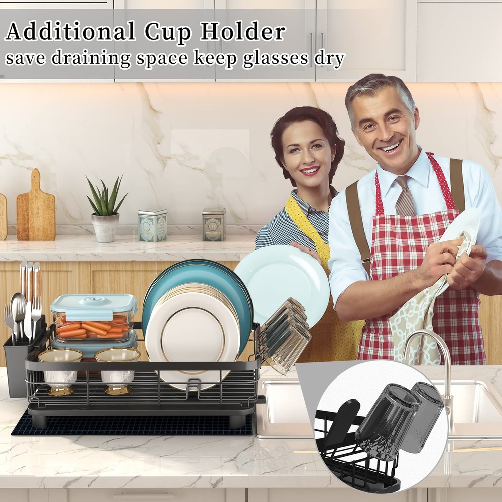 Dish Drying Rack, Dish Rack with Auto-Drain & Mat, Dish Drainers for Kitchen ...