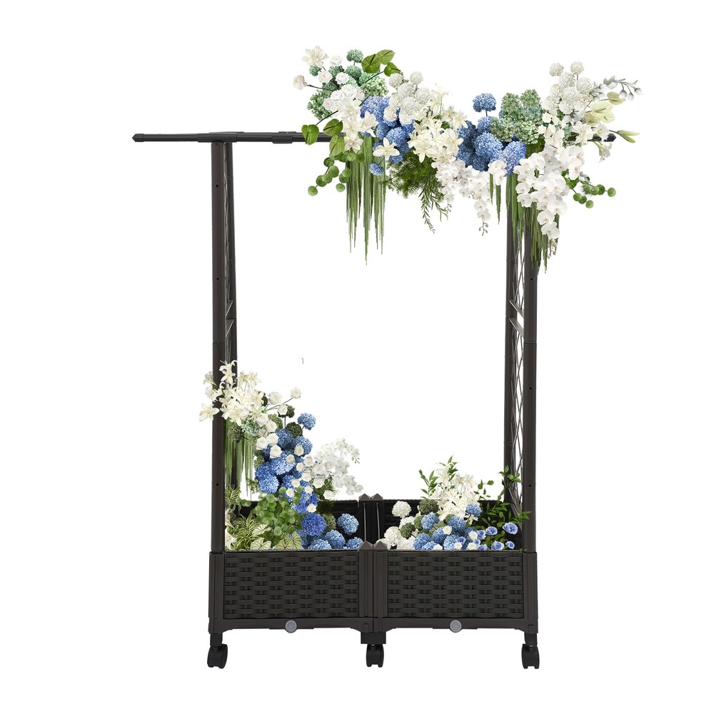 Grid-patterned Flower Box PP Planter Garden Box Brown Floor Standing with Wheels