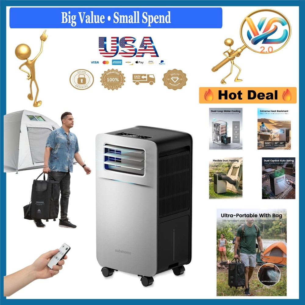 5200 BTU Portable Air Conditioner Cooler for RV, Tent, Garage Silent 45dB Silver