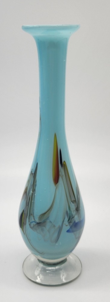 Handblown Light Blue with Multicolored Swirled Bud Vase.