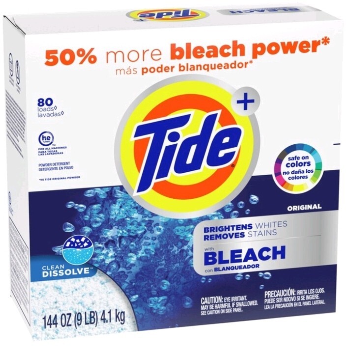 Tide Plus Bleach 80 Loads, Powder Laundry Detergent, 144 oz