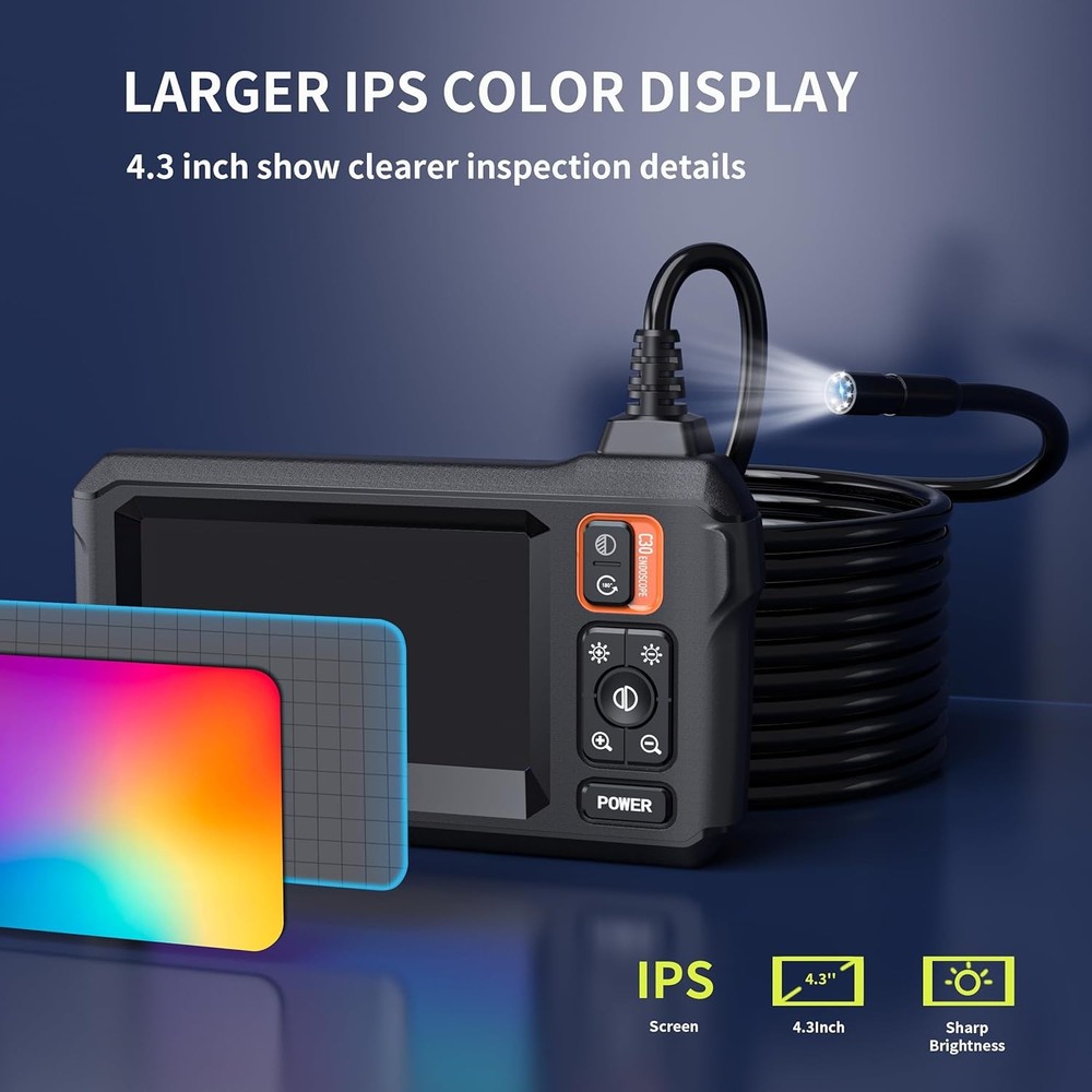 Endoscope Camera with Light, Borescope Camera with 4.3" IPS Screen, IP67
