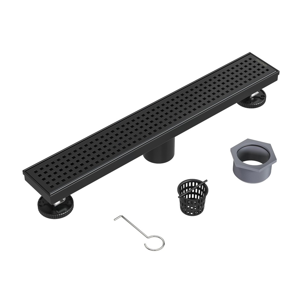 Neodrain 18-Inch Black Linear Shower Drain with Removable Quadrato Pattern Gr...