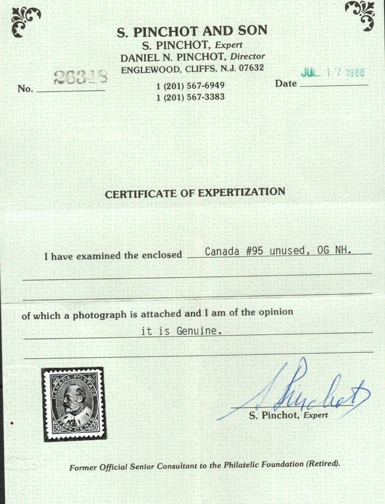 Canada #95 Very Fine Never Hinged Fresh **With Certificate**