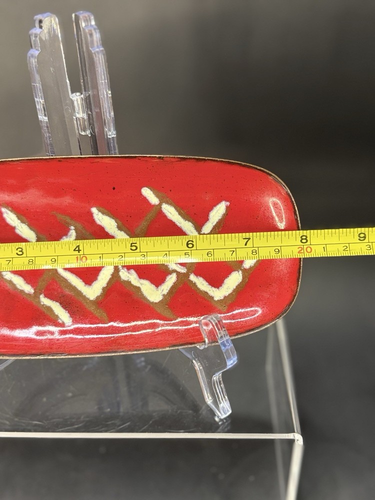 Vintage MCM 8” Enamel on Copper Rectangular Trinket Dish - Abstract Red + White
