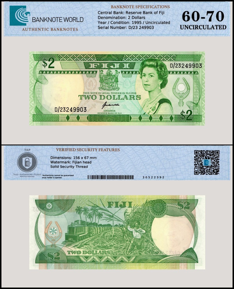 Fiji 2 Dollars, 1995 ND, P-90a, UNC, Authenticated Banknote