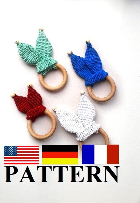 Pattern beginner crochet bunny rattle toys ears wooden teether Bunny Ears Teethe