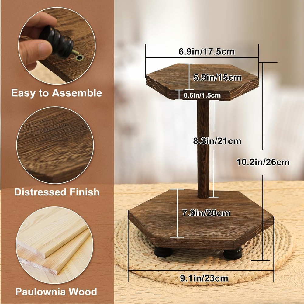 Hexagonal Wood Riser for Display, 2-Tier Rustic Wood Farmhouse Riser for Kitc...