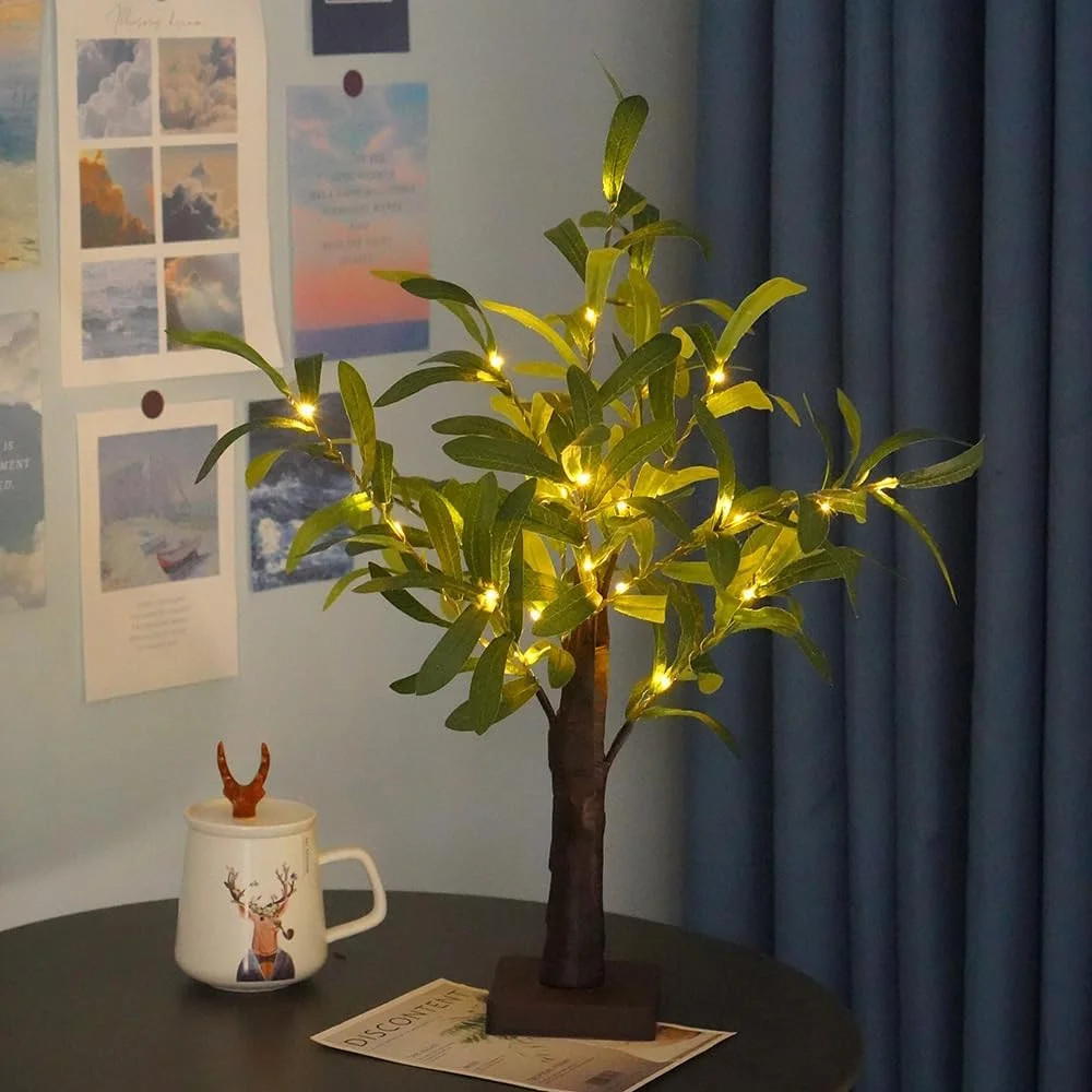 2FT Light Up Artificial Olive Tree with LED Lights, Battery or USB Powered Table