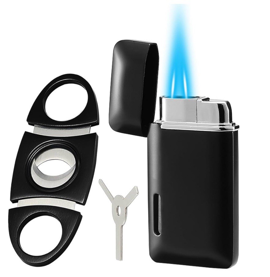 Cutter & Lighter Set,Double Jet Flame,Butane Torch Lighter With Adjustable Flame
