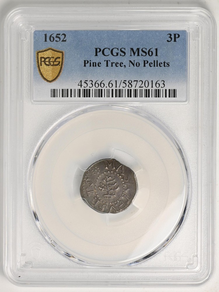 1652 PINE TREE THREEPENCE PCGS MS 61