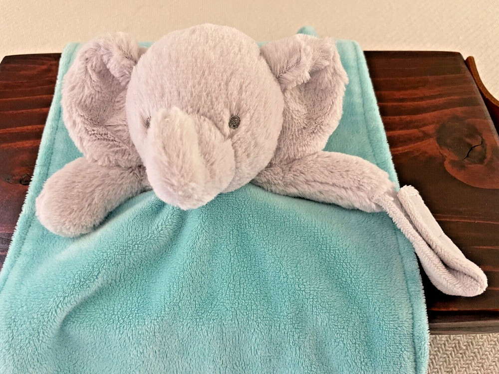 Carters Plush Elephant Lovey Security Blanket Rattle Blue Rectangle Knotted
