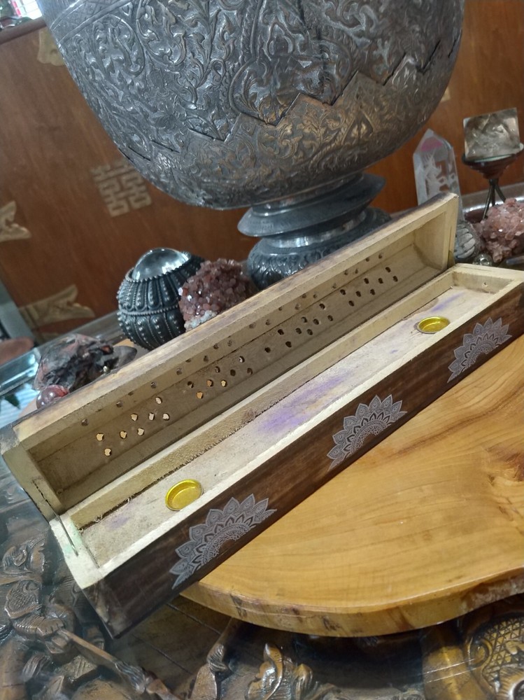 Incense stick & cone holder, burner. Compartment for sticks. Mandala pattern