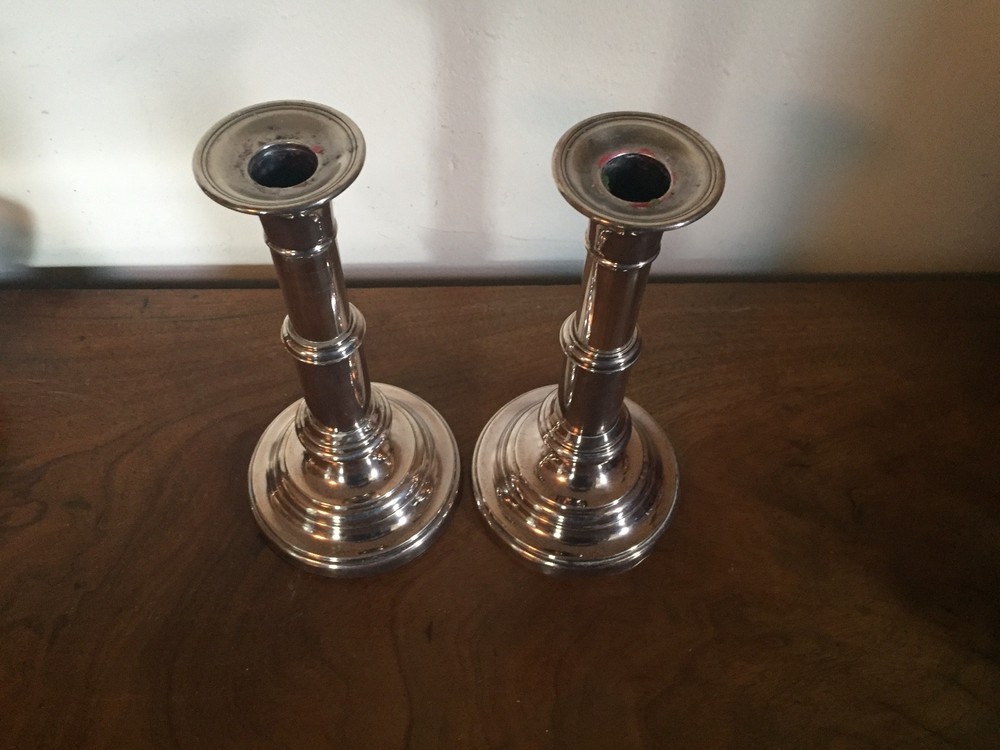 Pair 19th c. Old Sheffield Silver Plate on Copper Telescoping Candlesticks