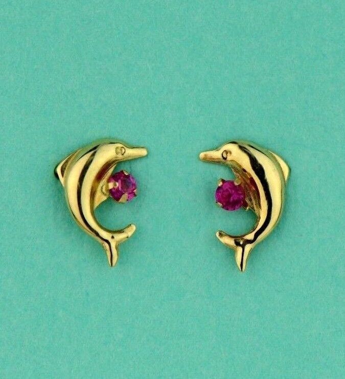 14k yellow gold dolphin earrings stud cz