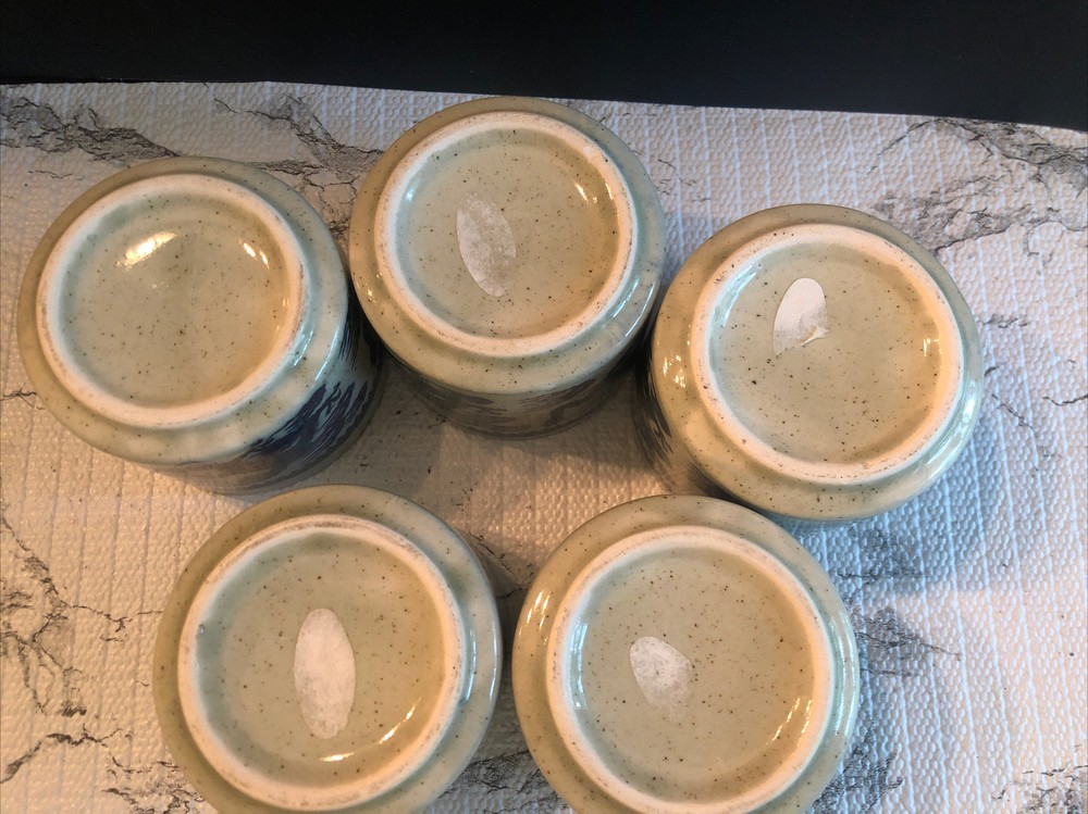 (5) Asian Stoneware Blue Dragon Teacups