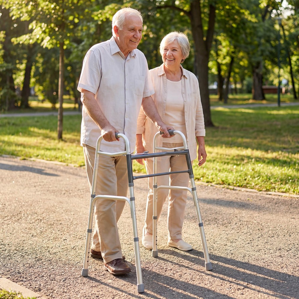 2-Button Folding Walker, 7-Level Adjustable Height, Lightweight Aluminum