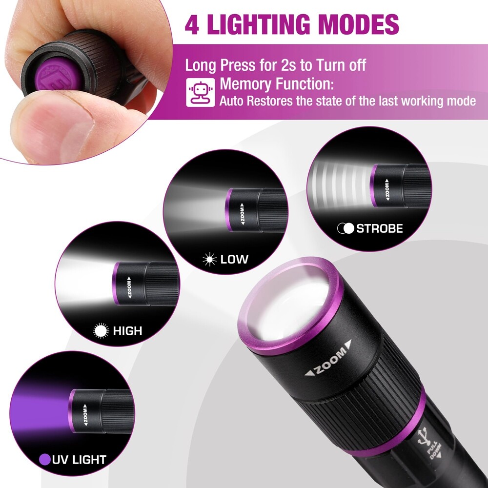 EverBrite Rechargeable Pen Flashlight with UV Light and White Light 4 Mode New