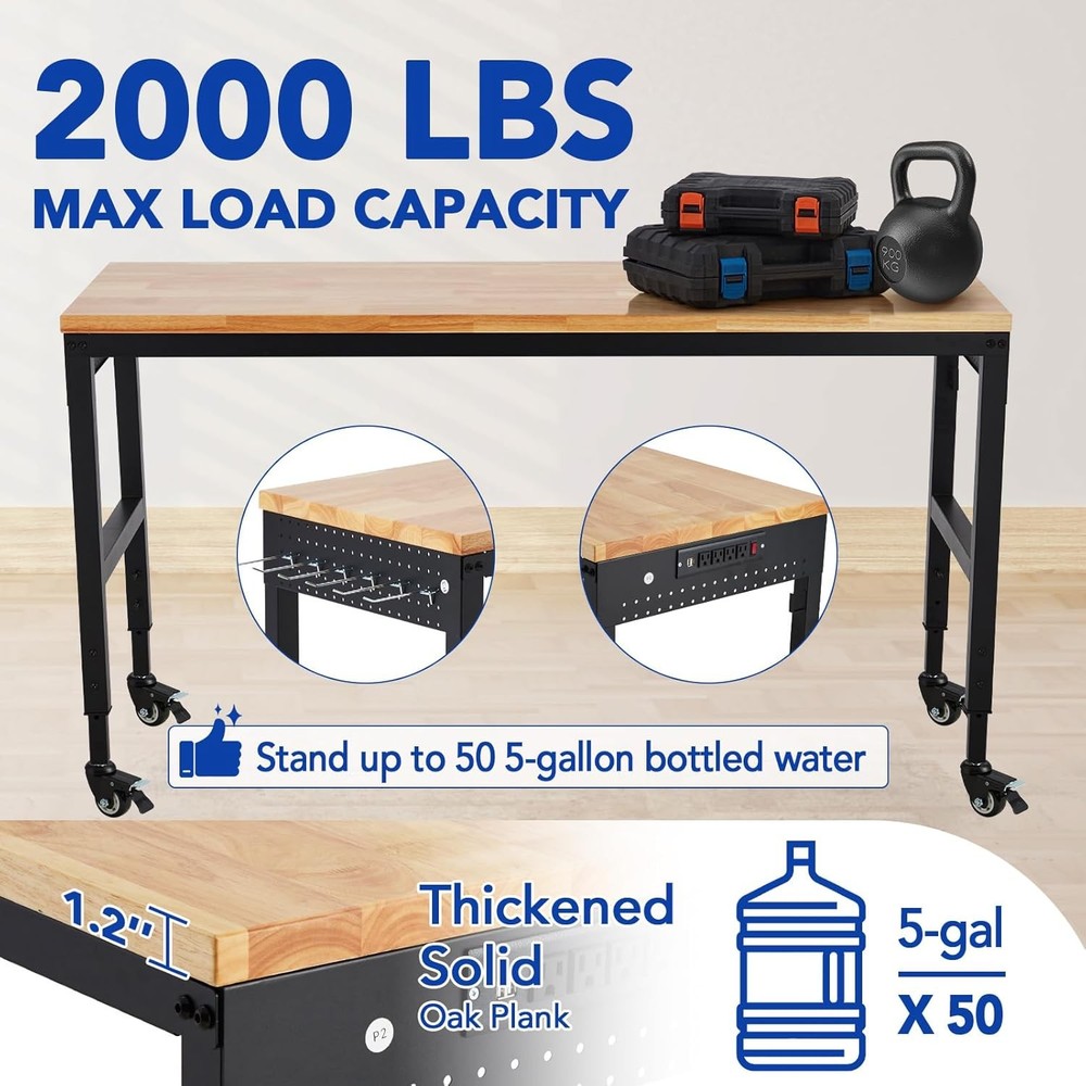 72" Adjustable Workbench, Heavy Duty Workstation with Power Outlets, 2000 LBS