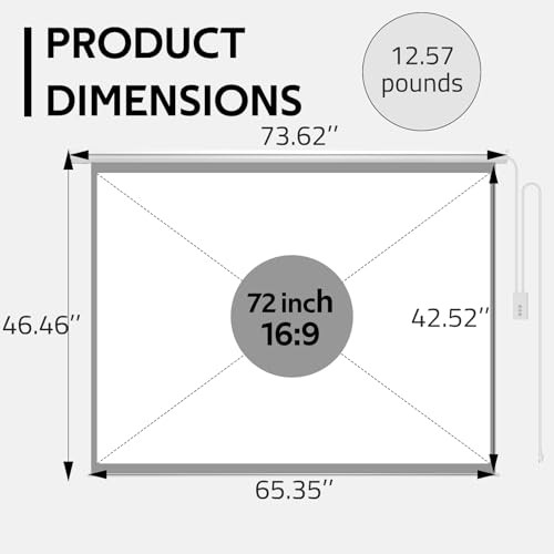 72" Projector Screen Motorized 16:9, 4K HD Pull Down Retractable Projection