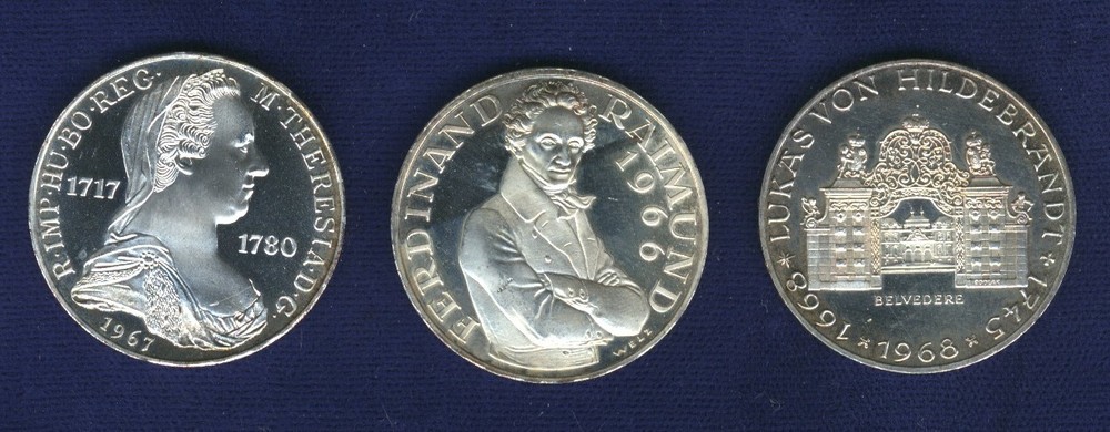 AUSTRIA  25 SCHILLING PROOF SILVER COINS: 1966, 1967, & 1968