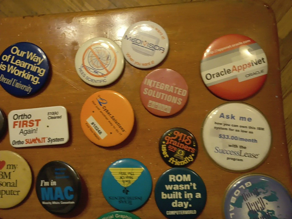 Vintage Early Computer Buttons Pins, Computer Tech Shows Lot