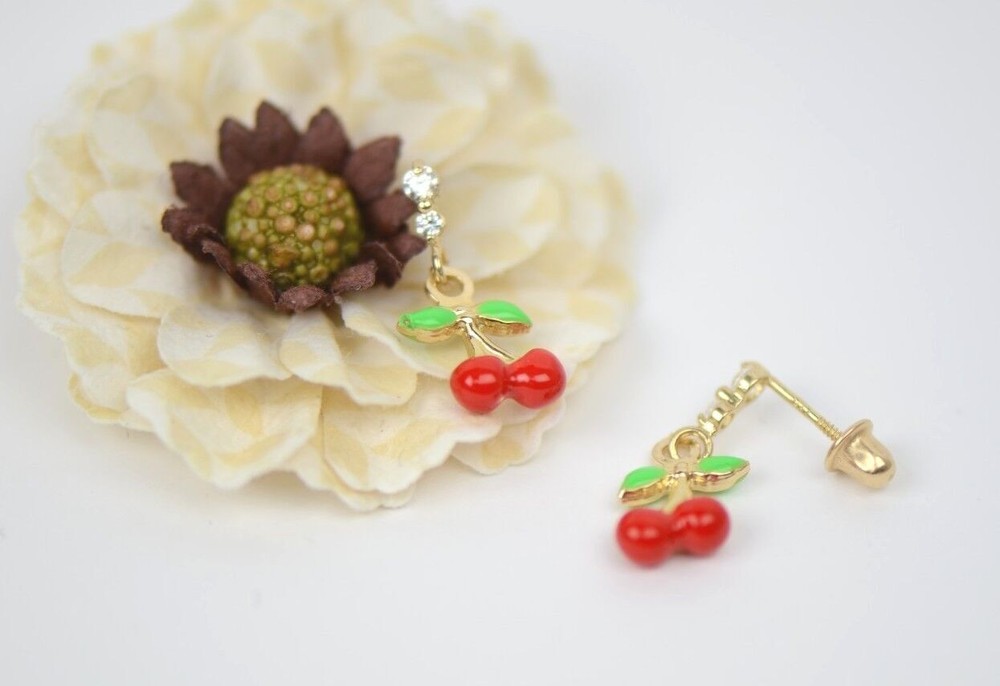 14K Solid Yellow Gold Cherry Enamel CZ Dangle Earrings