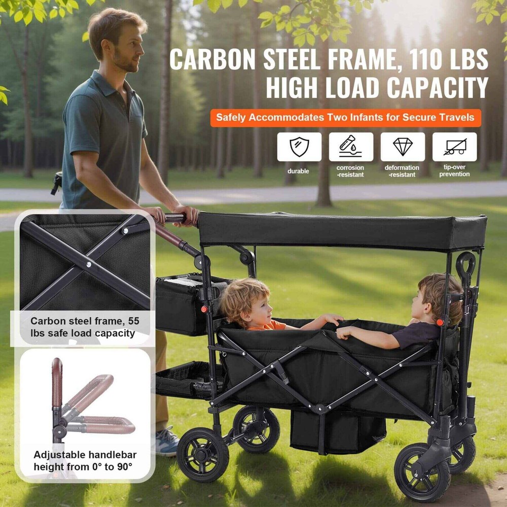 VEVOR Wagon Stroller for 2 Kids with Adjustable Handle, Encircling Harness Remov