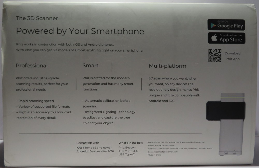 Kiri Innovations Phiz Smart Phone Laser 3D Scanner With Turntable