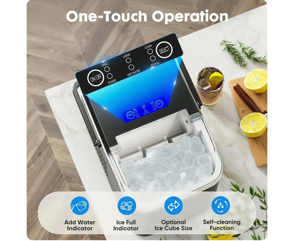 Black Countertop Ice Maker, Portable, 2 Ice Cube Sizes, Self-Cleaning, Compact
