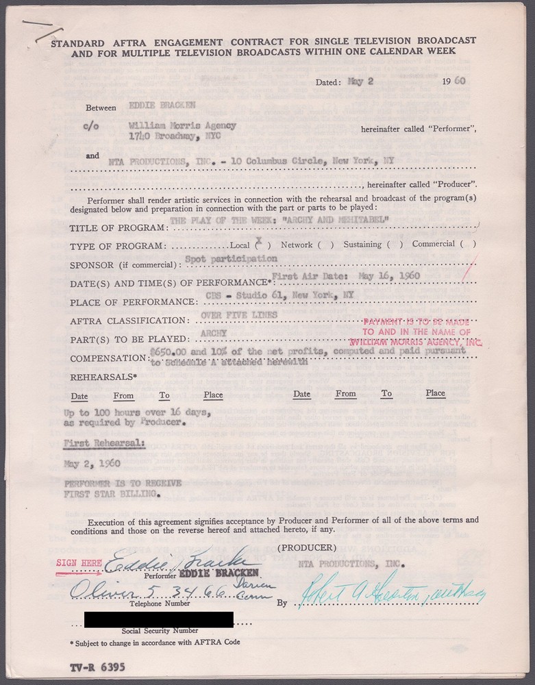 EDDIE BRACKEN - CONTRACT MULTI-SIGNED 05/02/1960