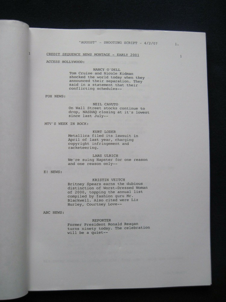ORIGINAL SCRIPT for AUGUST - JOSH HARTNETT, DAVID BOWIE & RIP TORN Film