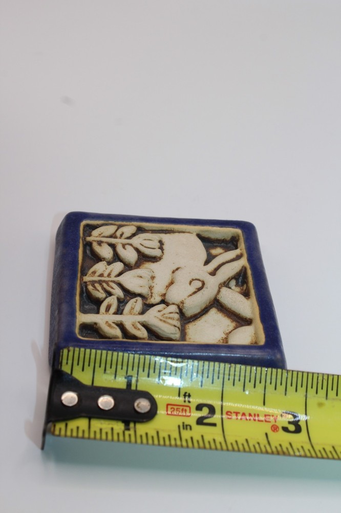 Carruth Studio Art Pottery Ceramic Mini Tile 1996 Rabbit Flowers Spring