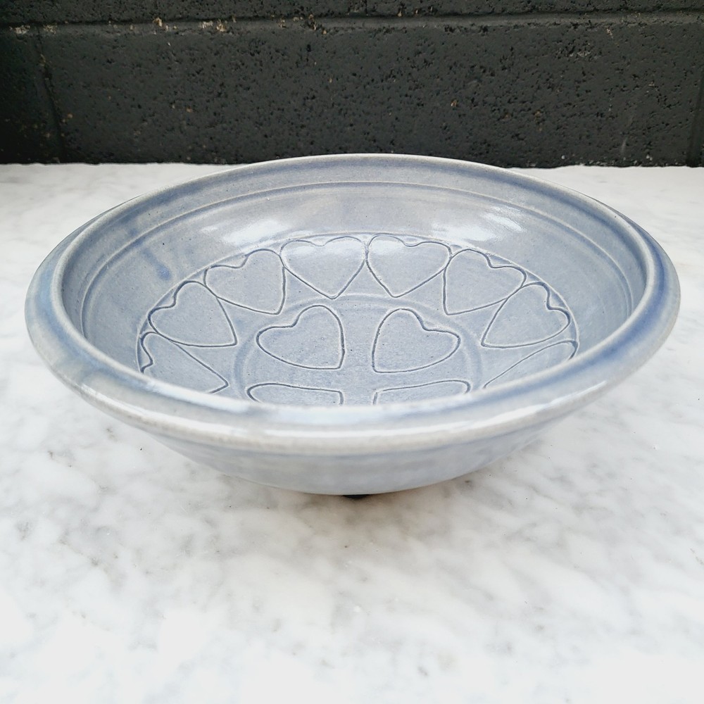 Studio Pottery Handmade Bowl Signed Heart Pattern Blue 8"
